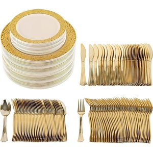 image:imagePARTY BARGAINS 250 Disposable Plastic Dinnerware Set for 50 Guest  Gold Lace 50 Each 10 Dinner Plates 7 SaladDessert Plates Forks Knives Spoons for Weddings Bridal Showers Birthday