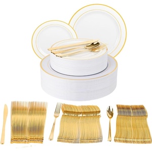 image:imagePARTY BARGAINS 250 Disposable Plastic Dinnerware Set for 50 Guest  Gold Rim 50 Each 10 Dinner Plates 7 SaladDessert Plates Forks Knives Spoons Weddings Bridal Showers Birthday