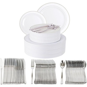 image:imagePARTY BARGAINS 250 Disposable Plastic Dinnerware Set for 50 Guest  Silver 50 Each 10 Dinner Plates 7 SaladDessert Plates Forks Knives Spoons Weddings Bridal Showers Birthday
