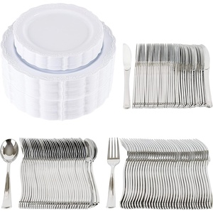 image:imagePARTY BARGAINS 250 Disposable Plastic Dinnerware Set for 50 Guest  Vintage White 50 Each 10 Dinner Plates 7 SaladDessert Plates Forks Knives Spoons for Weddings Bridal Showers Birthday