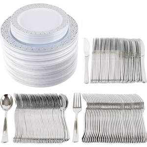 image:imagePARTY BARGAINS Disposable Plastic Set  10 Dinner Plates 7 SaladDessert Plates Forks Knives Spoons Weddings Bridal Showers Birthday 250Set Silver Lace