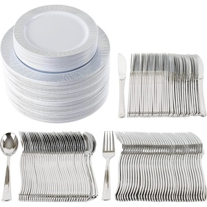 image:imagePARTY BARGAINS Disposable Plastic Set  10 Dinner Plates 7 SaladDessert Plates Forks Knives Spoons Weddings Bridal Showers Birthday 250Set Silver Twig