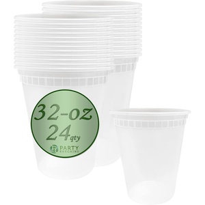 image:imagePARTY BARGAINS 32 oz Deli Containers with Lids  24 Count Round Clear Food Storage Plastic Containers Microwavable BPAFree Leakproof Takeout Container for Meal Prep