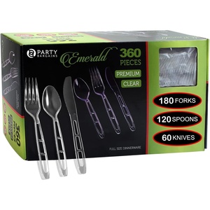 image:imagePARTY BARGAINS Emerald Settings Clear Plastic Cutlery Set 360Piece  180 Forks 120 Spoons 60 Knives  HeavyDuty Disposable Utensils for Parties Weddings Buffets BBQs amp Catering  BPA Free