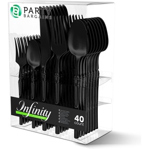 image:imageParty Bargains Disposable Plastic Black Cutlery Set Infinity Modern Design Utensils 40 Pack 16 Forks 8 Knives 16 Spoons
