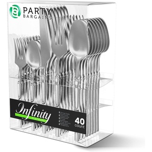 image:imageParty Bargains Disposable Plastic Silver Cutlery Set Infinity Modern Design Utensils 40 Pack 16 Forks 8 Knives 16 Spoons