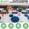 image:imagePARTY BARGAINS Hammered Silver Plastic Cutlery Set 40Piece  Heavy Duty Flatware Utensils Forks Spoons Knives Teaspoons for Parties Events Weddings Catering32 Forks  16 Soup Spoons  16 Teaspoons  16 Knives