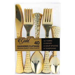 image:imagePARTY BARGAINS Hammered Silver Plastic Cutlery Set 40Piece  Heavy Duty Flatware Utensils Forks Spoons Knives Teaspoons for Parties Events Weddings CateringGold