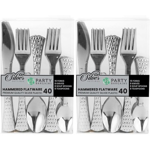 image:imagePARTY BARGAINS Hammered Silver Plastic Cutlery Set 40Piece  Heavy Duty Flatware Utensils Forks Spoons Knives Teaspoons for Parties Events Weddings Catering32 Forks  16 Soup Spoons  16 Teaspoons  16 Knives