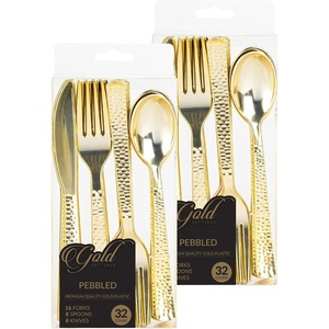 image:imageParty Bargains Disposable Cutlery with Pebbled Design 64 Count 32 Forks 16 Spoons 16 Knives Gold Heavy Duty Plastic Flatware Utensils for Weddings Parties Buffet Catering