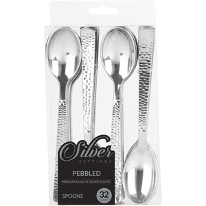 image:imageParty Bargains Disposable Pebble Collection Silverware Spoons 32 Count Silver Heavy Duty Plastic Flatware Cutlery Utensils Excellent for Wedding Parties Buffet Catering