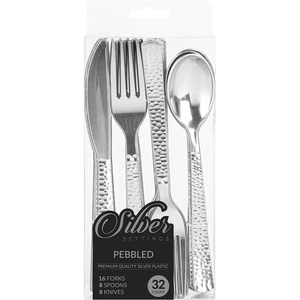 image:imageParty Bargains Disposable Pebble Silverware Combo Set 32 Count 16 Forks 8 Spoons 8 Knives Silver Heavy Duty Plastic Flatware Cutlery Utensils Excellent for Wedding Parties Buffet Catering