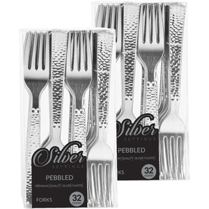 image:imageParty Bargains Disposable Silverware Forks with Pebbled Design 64 Count Silver Heavy Duty Plastic Flatware Cutlery Utensils Excellent for Weddings Parties Buffet Catering