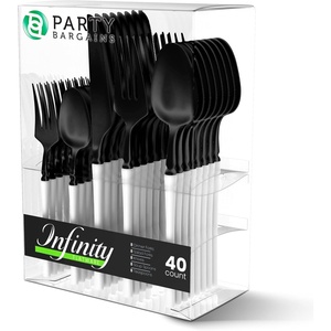 image:imagePARTY BARGAINS Disposable Plastic Cutlery Set 40 Piece Infinity Design Flatware Heavy Duty 16 Forks 8 Knives 16 Spoons for Weddings Events Catering Black White
