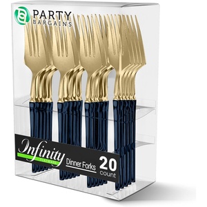 image:imagePARTY BARGAINS Disposable Plastic Dinner Forks 20 Piece Infinity Design Heavy Duty Party Utensils for Weddings Events Catering Navy Gold