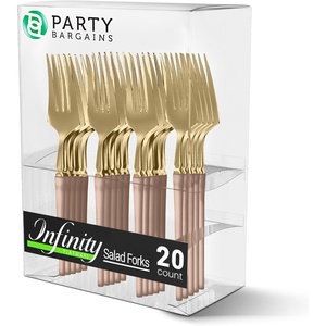 image:imagePARTY BARGAINS Disposable Plastic Salad Forks 20 Piece Infinity Design Heavy Duty Party Utensils for Weddings Events Catering Pink Gold