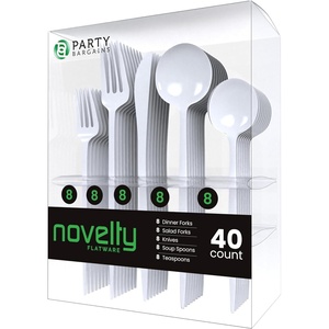 image:imagePARTY BARGAINS Plastic Cutlery Set 40 Pc White Disposable HeavyDuty Flatware  Includes 16 Forks 8 Knives amp 16 Spoons for Parties Weddings BBQs Events  Elegant amp Durable Plastic Utensils