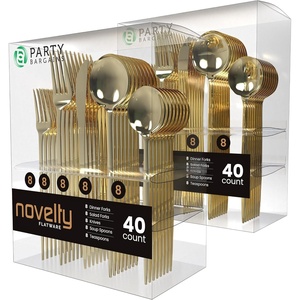 image:imagePARTY BARGAINS Plastic Cutlery Set 80 Pc Gold Disposable HeavyDuty Flatware  Includes 32 Forks 16 Knives amp 32 Spoons for Parties Weddings BBQs Events  Elegant amp Durable Plastic Utensils