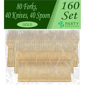 image:imageParty Bargains Disposable Plastic Gold Cutlery Set  Durable amp Elegant Stylish Polished Gold Cutlery  80 Forks 40 Knives 40 Spoons Party of 40