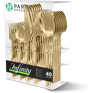 image:imageParty Bargains Disposable Plastic Gold Cutlery Set Infinity Modern Design Utensils 40 Pack 16 Forks 8 Knives 16 Spoons