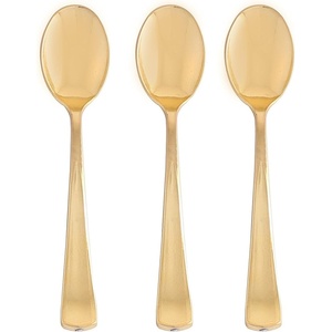 image:imageParty Bargains Disposable Silverware Flatware Plastic Spoons  Durable amp Elegant Polished Gold Cutlery  Pack of 120