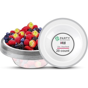 image:imagePARTY BARGAINS 12oz Disposable Plastic Bowls Contrast Collection Clear with Silver Rim 20 Pack